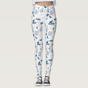 Nautical Beach Summer Blue Pink Coastal (1) Leggings