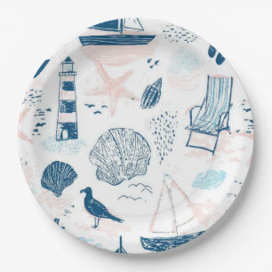 Nautical Beach Summer Blue Pink Coastal (1) Paper Plate