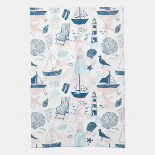 Nautical Beach Summer Blue Pink Coastal (1) Tea Towel