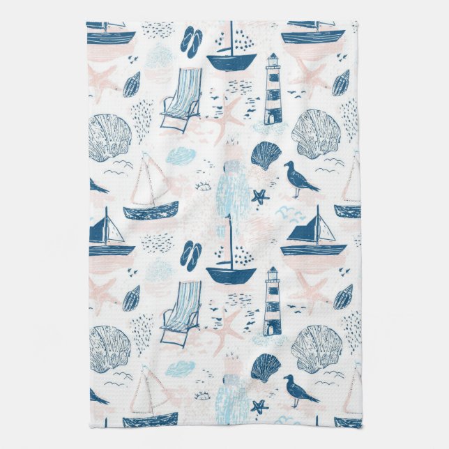 Nautical Beach Summer Blue Pink Coastal (1) Tea Towel (Vertical)