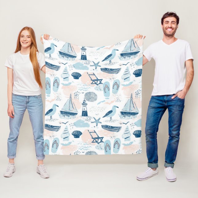 Nautical Beach Summer Blue Pink Coastal (2) Fleece Blanket (In Situ)