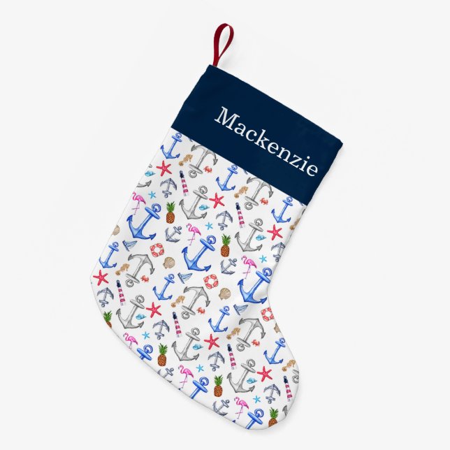 Nautical Beach Summer Pattern Custom Name Small Christmas Stocking (Front (Hanging))