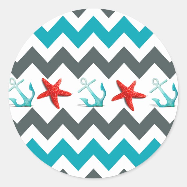 Nautical Beach Theme Chevron Anchors Starfish Classic Round Sticker (Front)