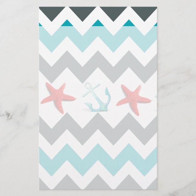 Nautical Beach Theme Chevron Anchors Starfish Stationery (Front)