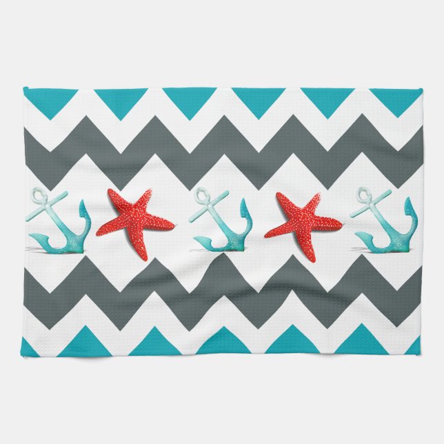 Nautical Beach Theme Chevron Anchors Starfish Tea Towel (Horizontal)