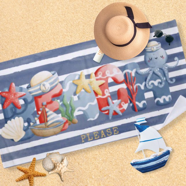 Nautical Beach Watercolor Alphabet Illustration Beach Towel (Creator Uploaded)