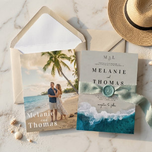 Nautical Beach Wave Photo Aerial Shoreline Wedding Invitation