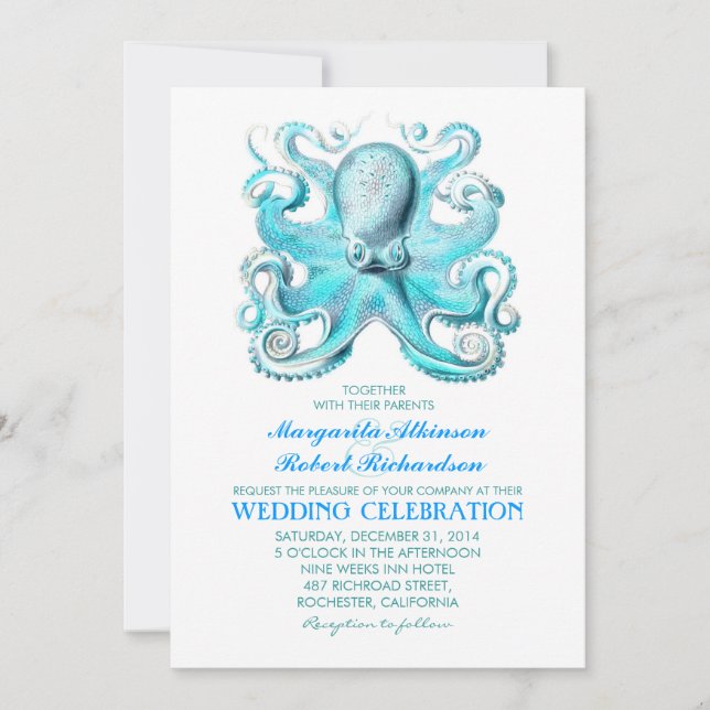 nautical beach wedding invitation with octopus (Front)