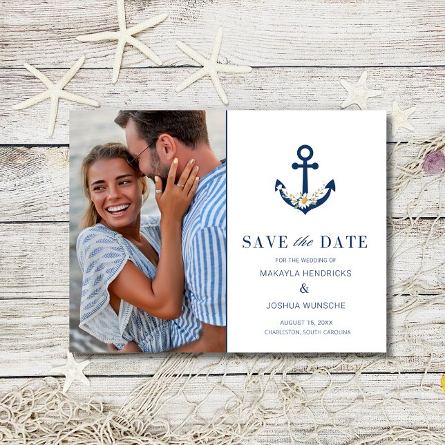 Nautical Beach Wedding Photo Save the Date Announcement Postcard (Nautical Beach Wedding Photo Save the Date)