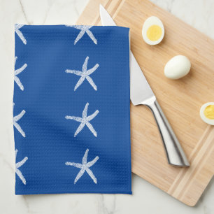 Nautical Beach White Starfish Patterns Deep Blue Tea Towel