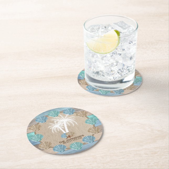Nautical Beach Wood Design with Palm Tree Round Paper Coaster (Insitu)