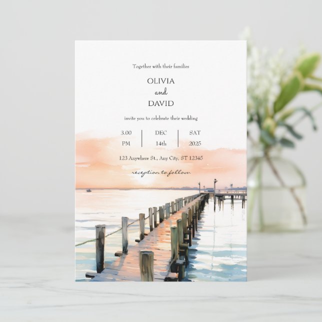 Nautical Beachside Orange Sky Sunset Pier Wedding Invitation (Standing Front)