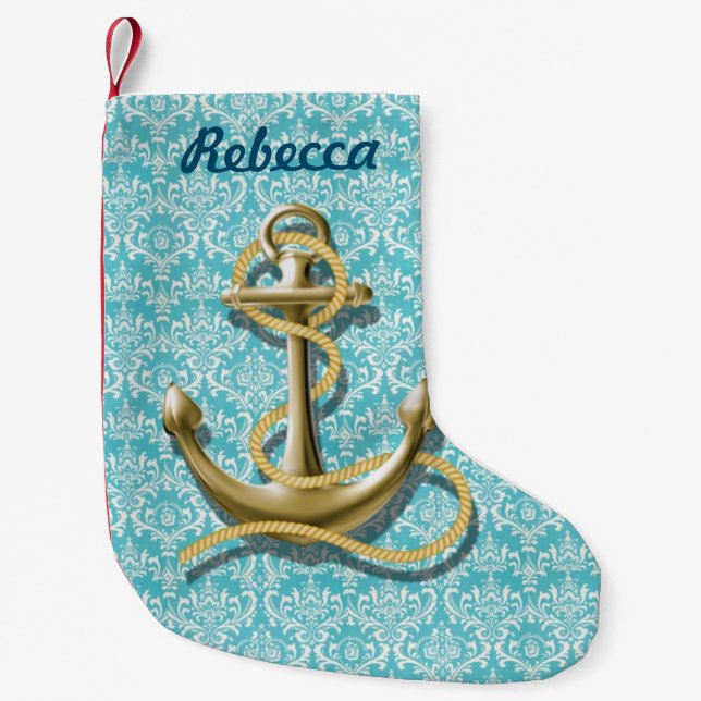 nautical beachy turquoise damask gold anchor small christmas stocking (Front)