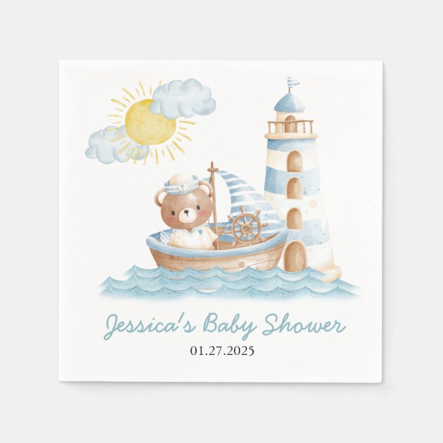 Nautical Bear Watercolor Boat Baby Shower  Napkin (Front)