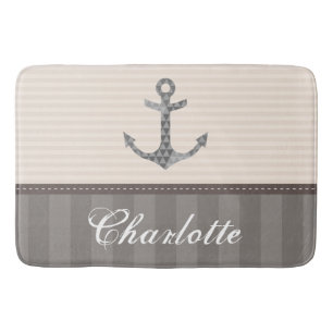 Nautical Beige and Brown Anchor Custom Name Bath Mat