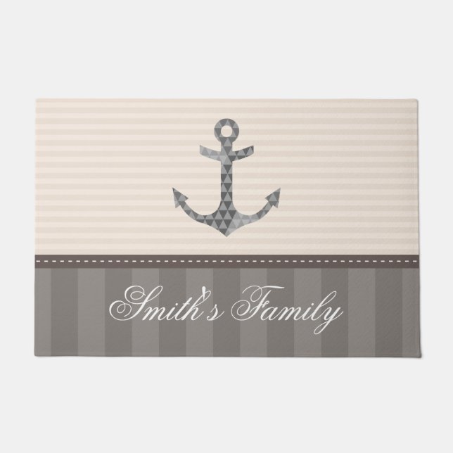 Nautical Beige and Brown Anchor Custom Name Doormat (Front)