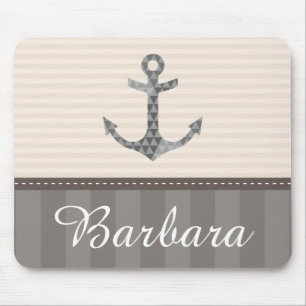 Nautical Beige and Brown Anchor Custom Name Mouse Pad
