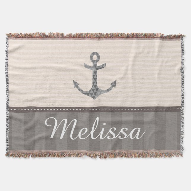 Nautical Beige and Brown Anchor Custom Name Throw Blanket (Front)