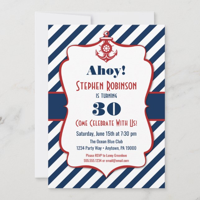 Nautical Birthday Invitation - Adult Mens Anchor (Front)