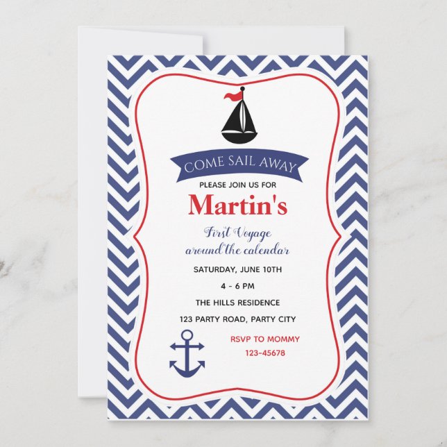 Nautical Birthday Invitations (Boys Navy) (Front)
