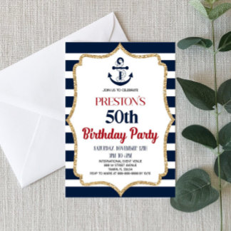 Nautical Birthday Party Invitation Custom Navy Blu