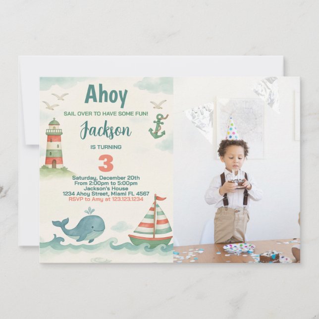 Nautical Birthday Party Invitation with photo (Front)