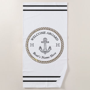 Nautical Black and White Boat Name Anchor Rope Beach Towel