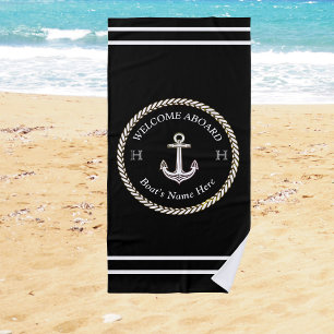 Nautical Black and White Boat Name Anchor Rope Beach Towel