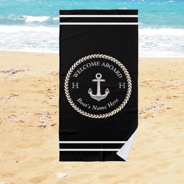 Nautical Black and White Boat Name Anchor Rope Beach Towel (Creator Uploaded)