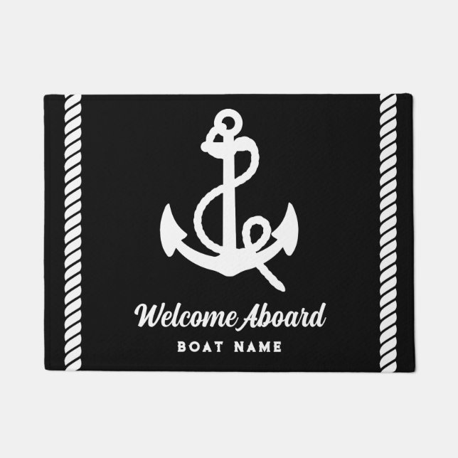 Nautical black and white Custom Boat Name Welcome  Doormat (Front)
