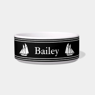 Nautical Black and White Sailboats Pet Bowl