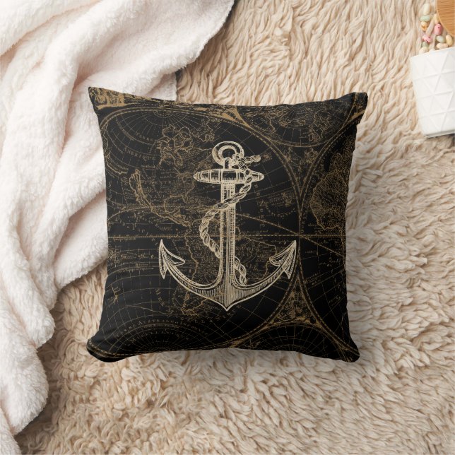 Nautical Black Beige Anchor World Map Cushion (Blanket)