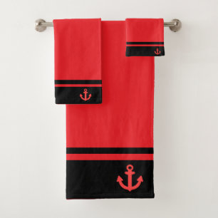 Nautical Black Red Anchor Banded  Bath Towel Set