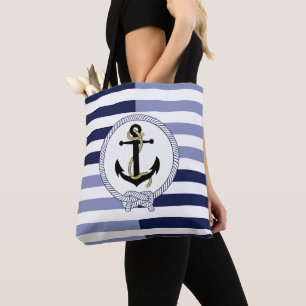 Nautical black ship anchor/rope navy blue stripe tote bag