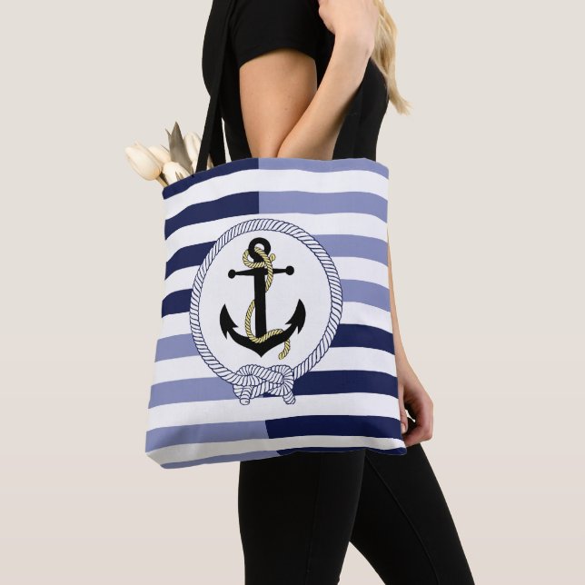 Nautical black ship anchor/rope navy blue stripe tote bag (Close Up)