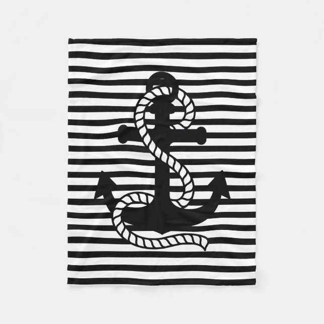 Nautical Black White Stripes and Black Anchor Fleece Blanket (Front)