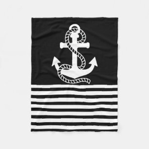 Nautical Black White Stripes and White Anchor Fleece Blanket