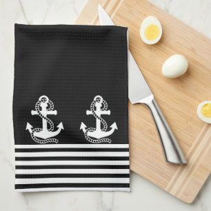 Nautical Black White Stripes and White Anchor Tea Towel