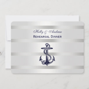 Nautical Blu Anchor Silver Wht BG H Rehearsal Din Invitation