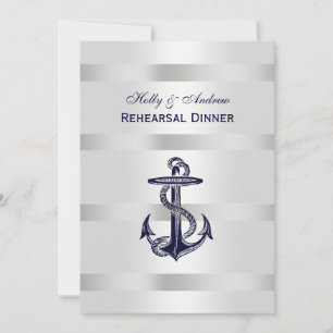 Nautical Blu Anchor Silver Wht BG V Rehearsal Din Invitation