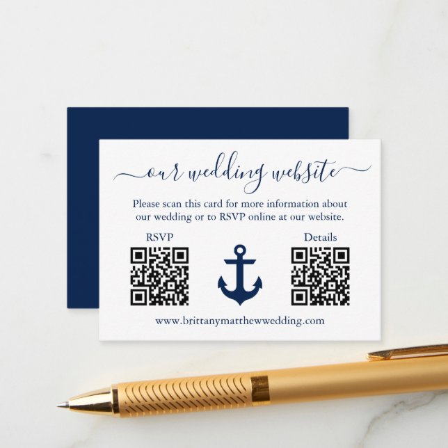 Nautical Blue Anchor 2 QR RSVP Details Wedding Enclosure Card (Front/Back In Situ)