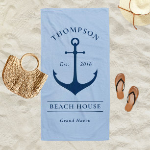 Nautical Blue Anchor Beach House Monogram Towel