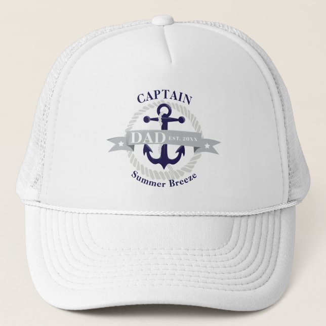 Nautical Blue Anchor| Captain Dad Est. Year Trucker Hat (Front)