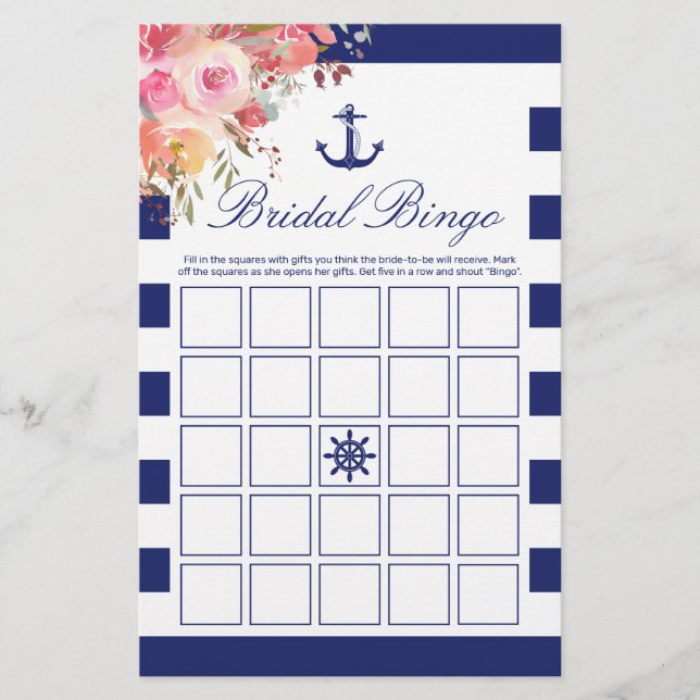 Nautical Blue Anchor Floral Bridal Bingo Game (Front)