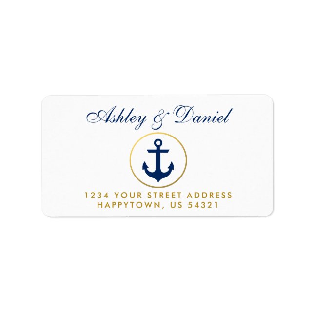 Nautical Blue Anchor Gold Ring Wedding Address Label (Front)