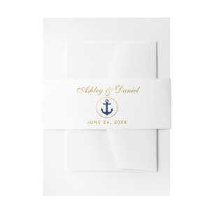 Nautical Blue Anchor Gold Wedding Invitation Belly Band