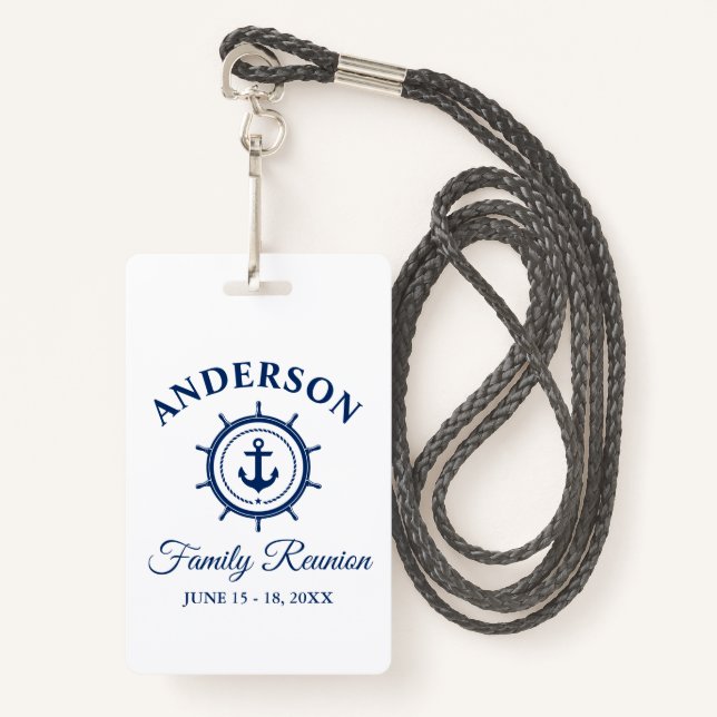 Nautical Blue Anchor Helm Family Reunion ID Badge (Front with Lanyard)