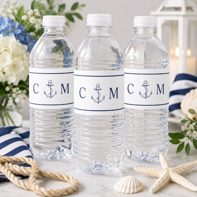 Nautical Blue Anchor Initial Wedding Water Bottle Label (This navy blue anchor wedding water bottle labels in a classic nautical style.
)