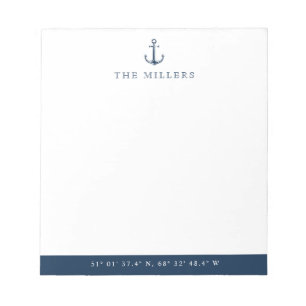Nautical Blue Anchor Latitude/Longitude Custom Notepad