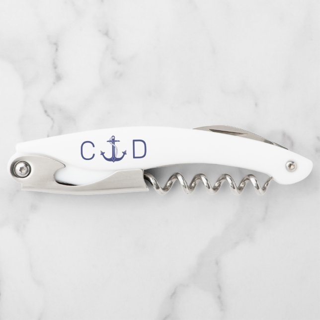 Nautical Blue Anchor Monogram Initial Corkscrew (Front)